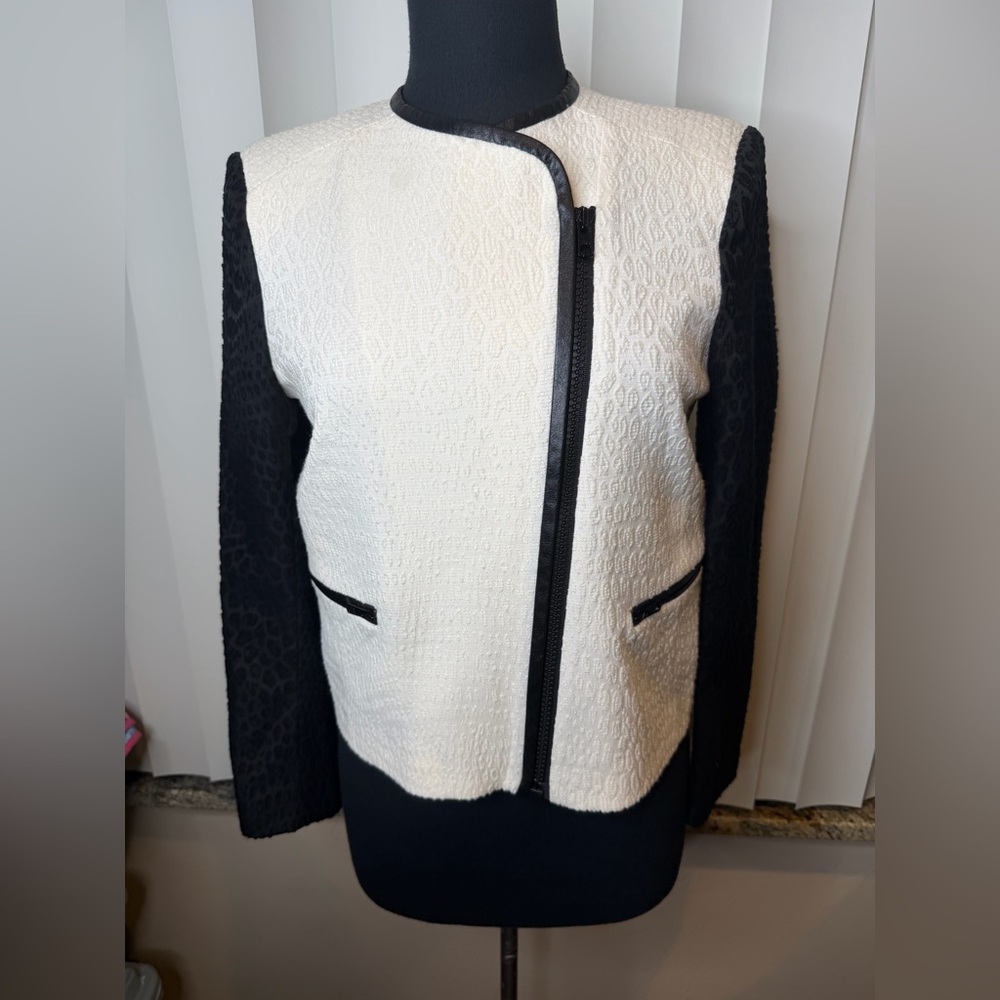 Sandro Colorblock Jacquard Faux Leather trim jacket size 40/ Us Large